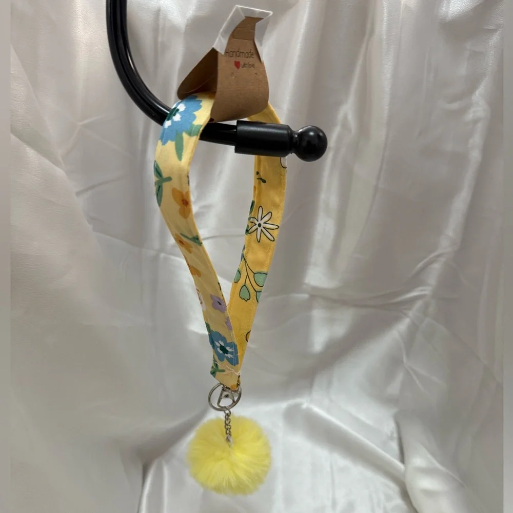 Handmade Yellow and Blue Floral Wristlet Keychain with Yellow Pompom